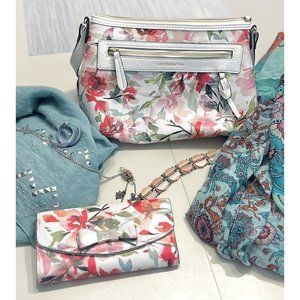 LIZ CLAIBORNE Watercolor Floral Shoulder Bag On White w/ Matching Wallet